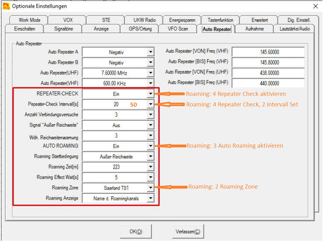 Roaming EInstellungen OptSetting mark